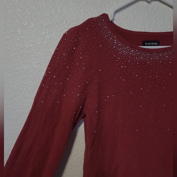 Bebe Rhinestone Red Long Sleeve Crew Neck Sweater Dress Size Large - Picture 4 of 10